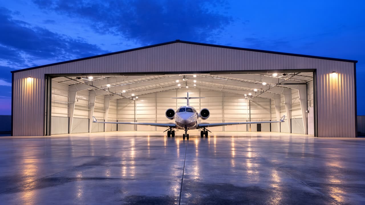 Business jet in a lit hangar at dusk