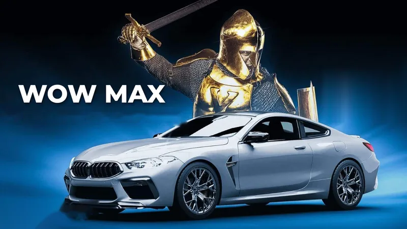 WOW MAX: a silver coupe in front of a golden knight